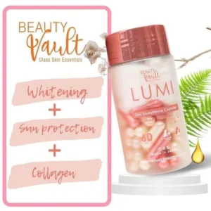Lumi 24H Glutathione Capsules by Beauty Vault Glass Skin Essentials w/ Mega Health & Beauty, with Glutathione, Sunblock and Bioactive Collagen