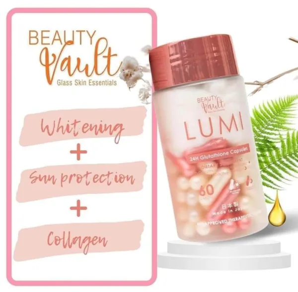 Lumi 24H Glutathione Capsules by Beauty Vault Glass Skin Essentials w/ Mega Health & Beauty, with Glutathione, Sunblock and Bioactive Collagen